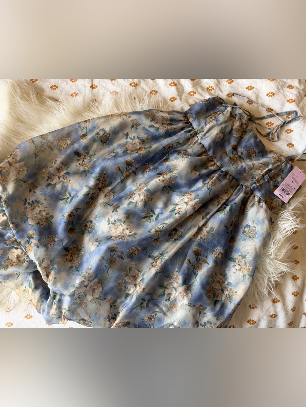 wild fable Blue Floral Satin Midi Dress with Cream Accents